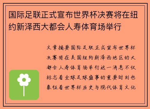 国际足联正式宣布世界杯决赛将在纽约新泽西大都会人寿体育场举行 国际足联正式宣布世界杯决赛将在纽约新泽西大都会人寿体育场举行